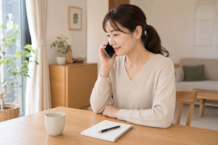 女性のお客様が自宅で電話相談をしている様子
