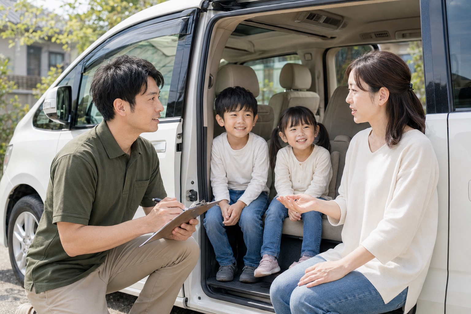 家族が乗る車のそばでお客様の悩みを丁寧に聞くスタッフ